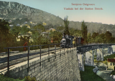 Daniel A. Kajon, a train moments prior to entering the narrow-gauge railway station Bistrik, Sarajevo, old postcard © public domain